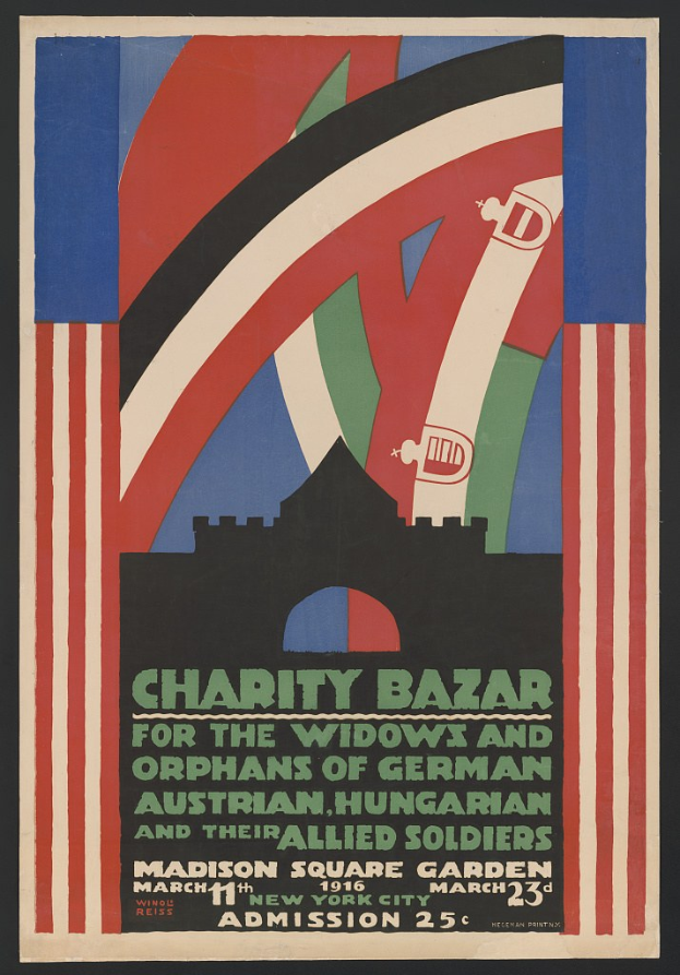 Plakat für den Wohltätigkeitsbasar für die Witwen und Waisen deutscher, australischer, ungarischer und alliierter Soldaten mit Text zu den Veranstaltung Details.