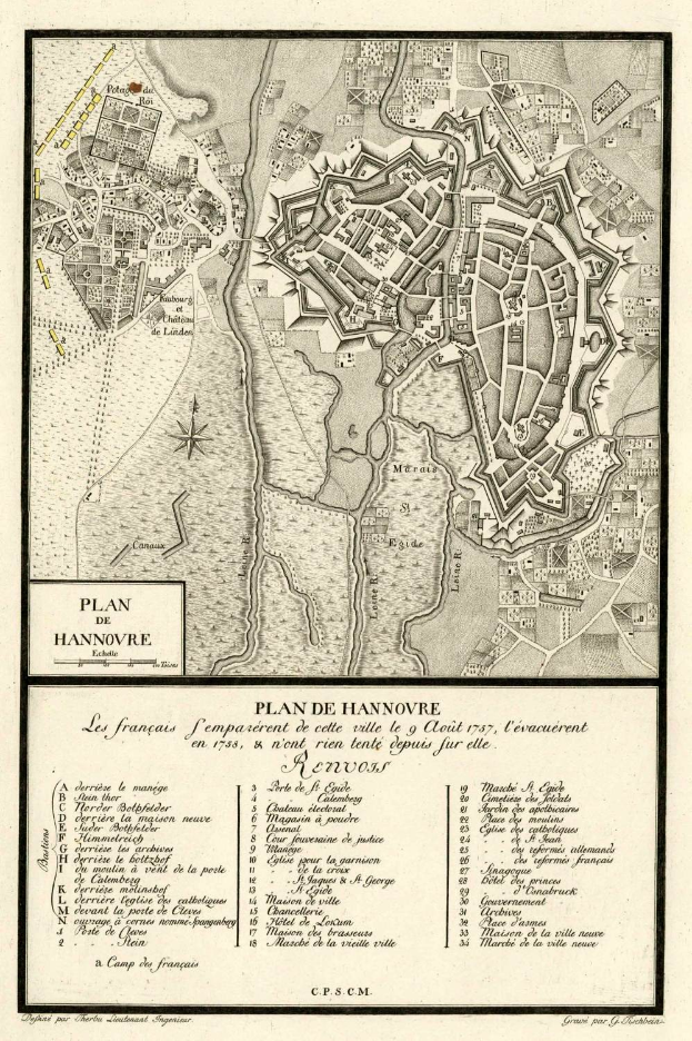 Detailiertes altes Stadtplan von Hannover, Deutschland, zeigt Straßen, Gebäude und Sehenswürdigkeiten mit begleitendem Text über die Bevölkerung und Merkmale der Stadt.