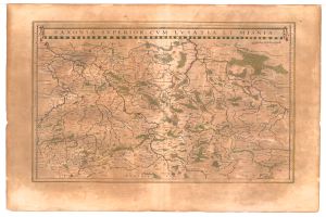 Ein detaillierter alter Stadtplan von Saxonia mit Provinzen und Grenzen, die auf einem weißen Hintergrund beschriftet sind.