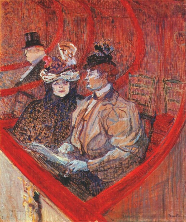 Gemälde mit dem Titel "Die Oper" von Edouard Manet, das zwei formell gekleidete Personen an einem Tisch in einem Raum mit gemustertem Tapeten, einem großen Fenster mit Blick auf eine Stadt Silhouette und einem hellen Teppich zeigt, während eine dritte Person im Hintergrund steht.