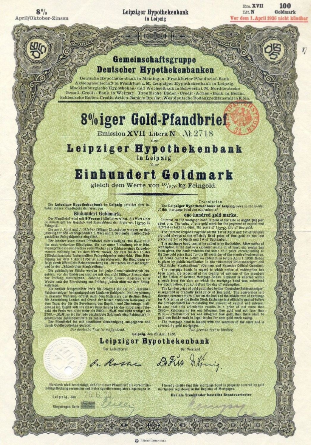 Altes grünes Wertpapier der Leipzig Hypothekbank mit gedrucktem Text und einem offiziellen Stempel.
