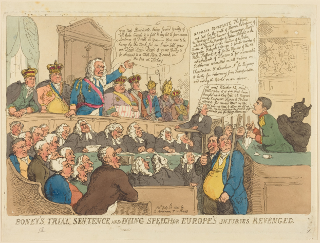 Eine Karikatur einer Gerichtsszene mit einer Gruppe von Menschen, die auf Stühlen sitzen und ein Mann in der Mitte steht, ein Tisch mit verschiedenen Gegenständen rechts und Text unten, der "Boney's Trial, Sentence, and Dying Speech Europe's Injuries Revenged" liest.