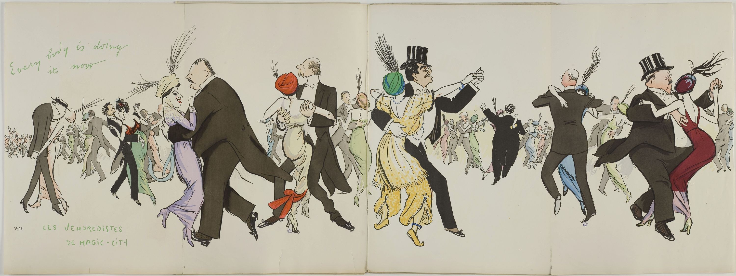Offenes Buch mit einer farbenfrohen Illustration von tanzenden Menschen in bunten Kostümen, betitelt "Les Vendredières de Magic City", vor einem hellblauen Himmel mit weißen Wolken.