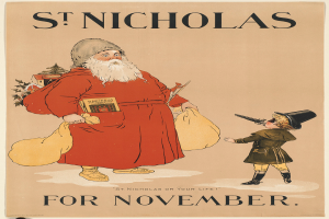 Ein Buchumschlag mit dem Titel "St. Nikolaus für November", der Santa Claus und ein Kind zeigt.