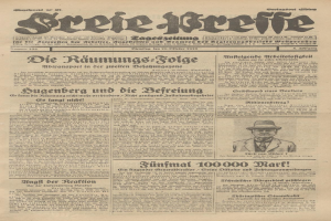 Alte deutsche Zeitung vom 29. September 1929 mit einem Foto eines Mannes in Anzug und Krawatte auf der Titelseite, betitelt mit "Sugenberg und die Defreiung."