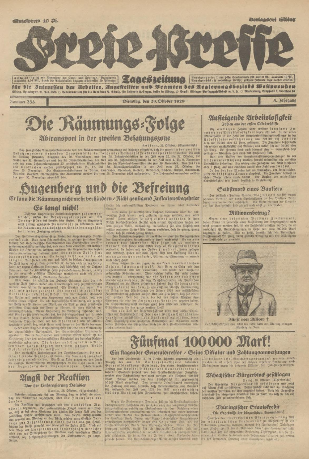 Alte deutsche Zeitung vom 29. September 1929 mit einem Foto eines Mannes in Anzug und Krawatte auf der Titelseite, betitelt mit "Sugenberg und die Defreiung."