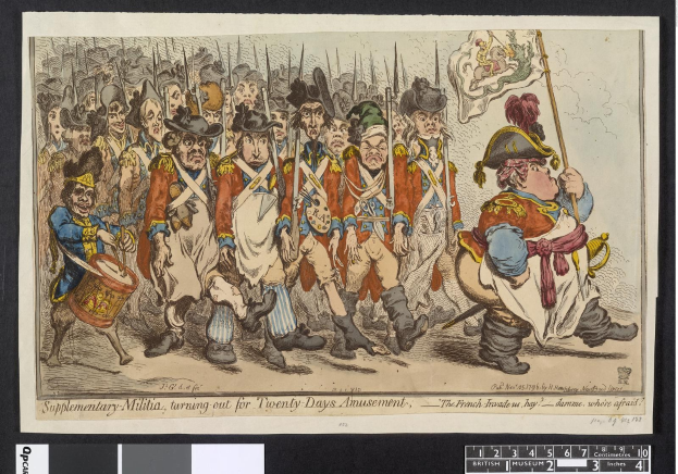 Gruppe von Männern in Militäruniformen, die eine Straße entlangmarschieren, einer hält einen Stock in der Hand, mit Text 'Zusätzliche Miliz, Ausmarsch für zwanzig Tage Vergnügen' unten.