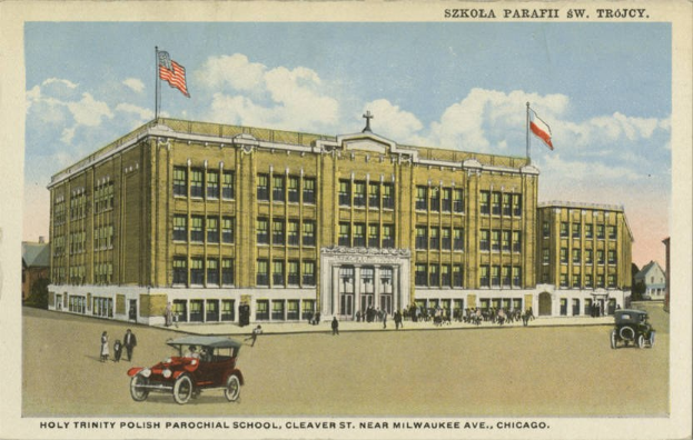 Plakat der Heiligen Dreifaltigkeit Polnische Pfarrschule in Cleveland, Ohio, zeigt ein Gebäude mit Fenstern, Menschen, Fahrzeugen, Flaggen und einem bewölkten Himmel, mit Text unten.