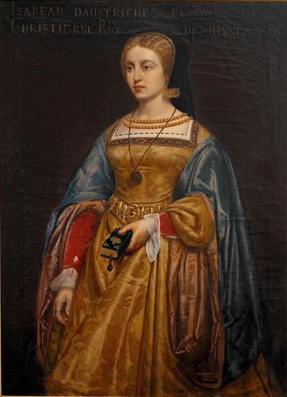 Gemälde einer Frau in einem goldenen Kleid mit detaillierten Verzierungen, identifiziert als Isabella daustriche, von Christierne Roy, mit einem ordentlichen Dutt, feinen Gesichtsmerkmalen und einem seren, regalem Ausdruck.