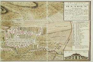 Alte detaillierte Karte von Baden-Württemberg, Deutschland, mit einem Gebäude in der rechten unteren Ecke, das Straßen, Gebäude und Stadtinformationen zeigt.