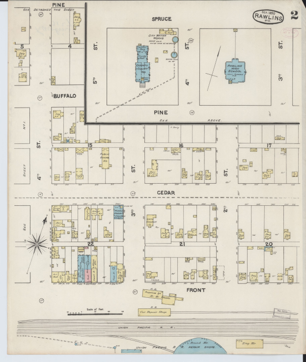 Alte Karte von San Francisco, Kalifornien, mit dem Rawlins-Schulbezirk in der Mitte, auf Papier gedruckt mit Text zur Beschreibung des Schulbezirks.
