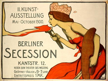 Plakat der Berliner Secession von 1900, das eine Frau in rotem Kleid zeigt, die ein Objekt hält, mit Text zu den Ereignissen.
