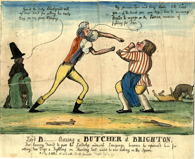Eine Zeichnung auf Papier zeigt zwei Personen in einer körperlichen Auseinandersetzung, wobei eine ein Messer wirft, ein Hund daneben steht und nach ihnen schaut, und ein Text, der "Boxing a Butcher at Brighton" lautet.
